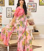 Pink woven linen saree with blouse