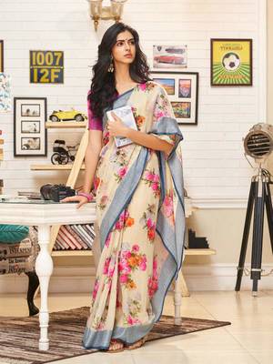 Beige woven linen saree with blouse 1