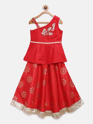 Red embroidered polyester girls-top-bottom 1