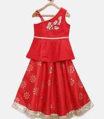 Red embroidered polyester girls-top-bottom