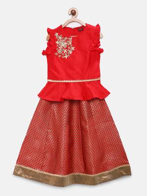 Red embroidered kids lehenga set 1