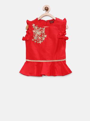 Red embroidered kids lehenga set 2