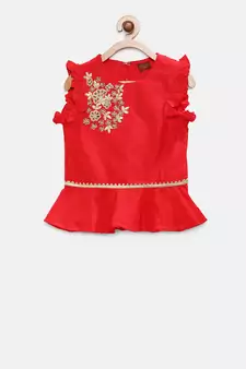 Red embroidered kids lehenga set
