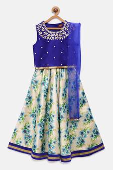 Blue embroidered taffeta girls-top-bottom