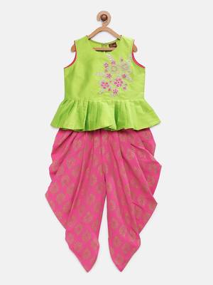 Green embroidered taffeta girls-top-bottom 1