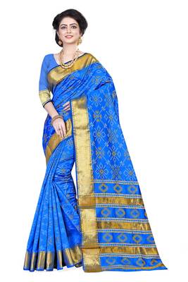 Sky Blue Woven Cotton Silk Saree With Blouse 1