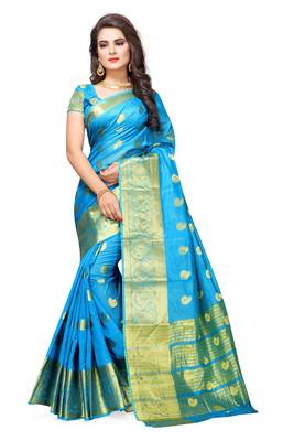 Sky Blue Woven Banarasi Silk Saree With Blouse 1