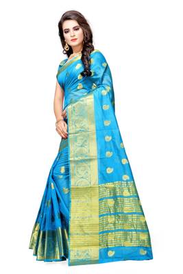 Sky Blue Woven Banarasi Silk Saree With Blouse 3