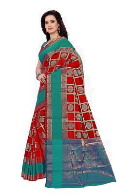 Red Woven Cotton Silk Saree With Blouse 3