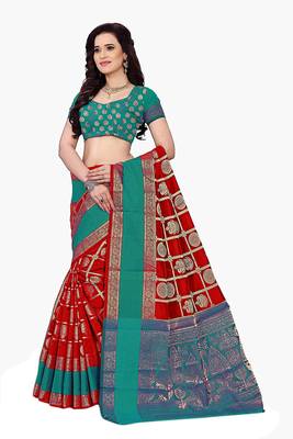 Red Woven Cotton Silk Saree With Blouse 4