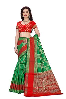 Green Woven Cotton Silk Saree With Blouse 3
