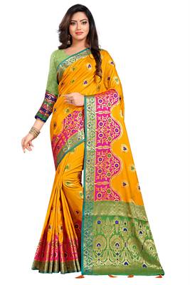 Yellow Woven Pure Kanjivaram Silk Saree With Blouse 1