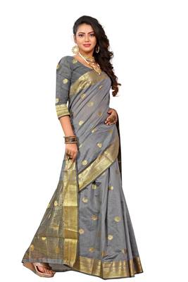 Grey Woven Cotton Silk Saree With Blouse 3