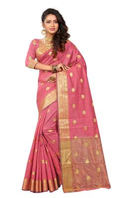 Pink Woven Cotton Silk Saree With Blouse 1