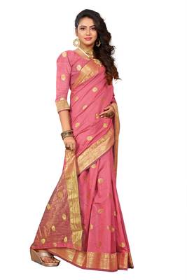 Pink Woven Cotton Silk Saree With Blouse 3