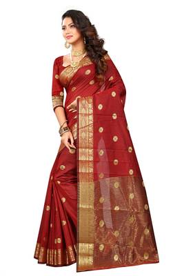 Maroon Woven Cotton Silk Saree With Blouse 2
