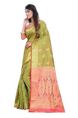 Green Woven Pure Kanjivaram Silk Saree With Blouse 2