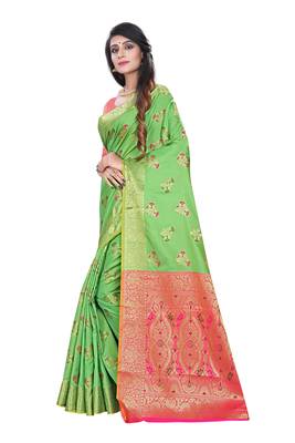 Green Woven Pure Kanjivaram Silk Saree With Blouse 2