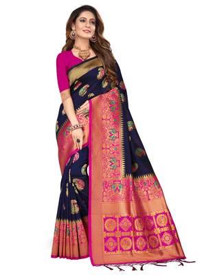 Blue Woven Pure Kanjivaram Silk Saree With Blouse 1
