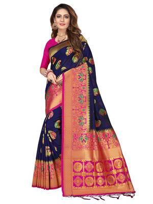 Blue Woven Pure Kanjivaram Silk Saree With Blouse 2
