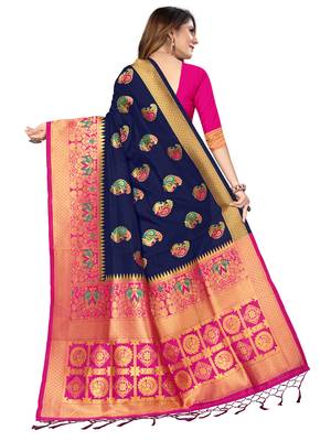 Blue Woven Pure Kanjivaram Silk Saree With Blouse 3