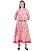 Reme Women Pink Flared Long Casual Printed Cotton Kurta