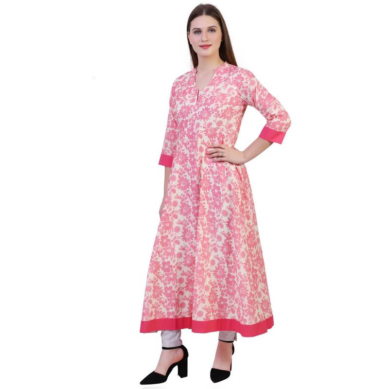 Reme Women Pink Flared Long Casual Printed Cotton Kurta