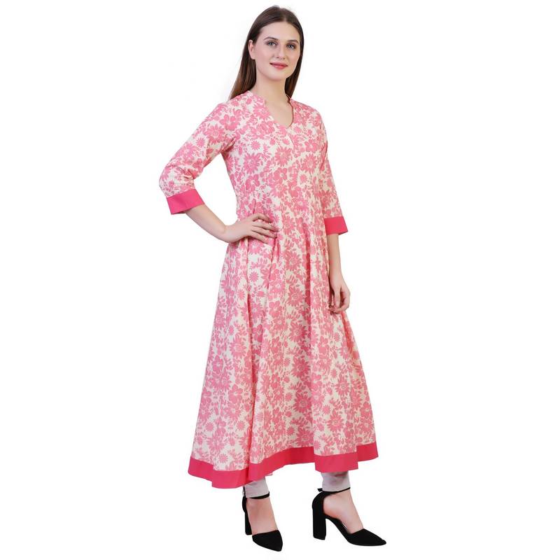 Reme Women Pink Flared Long Casual Printed Cotton Kurta