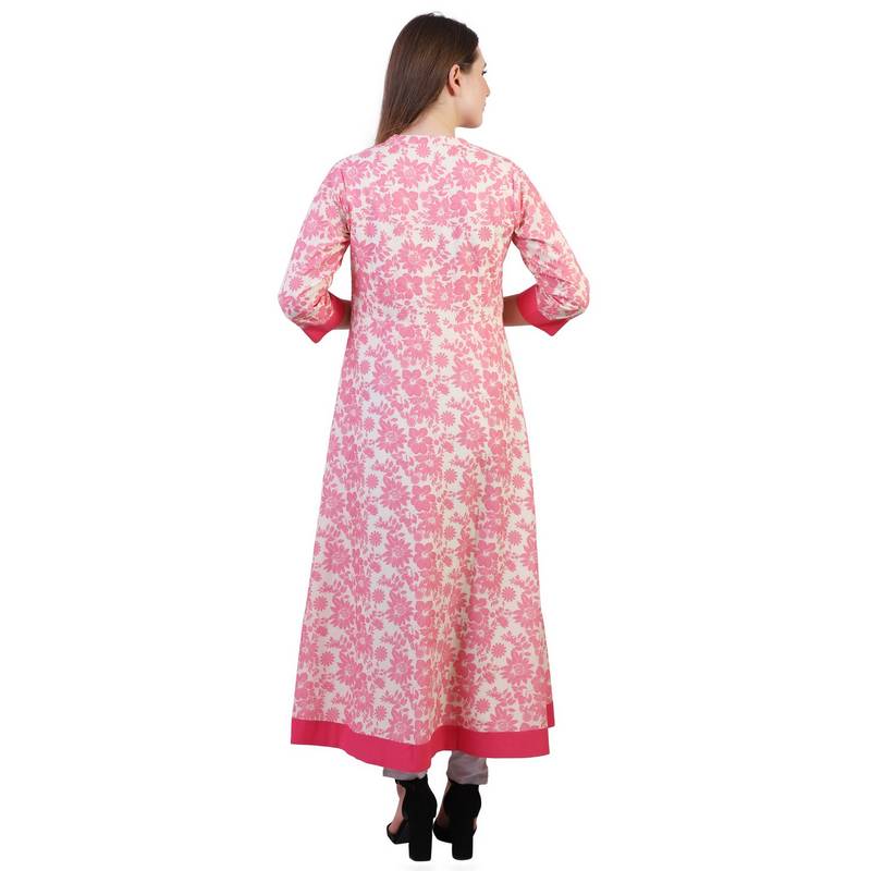 Reme Women Pink Flared Long Casual Printed Cotton Kurta