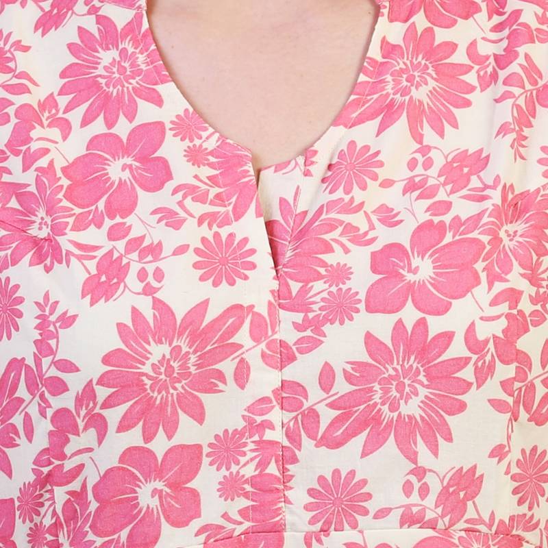 Reme Women Pink Flared Long Casual Printed Cotton Kurta