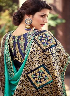   turquoise woven silk blend saree with blouse 2