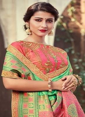   sea green woven silk blend saree with blouse 2