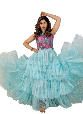 Blue Embroidered Net Long-Kurtis 1
