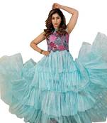 Blue Embroidered Net Long-Kurtis