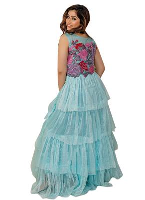 Blue Embroidered Net Long-Kurtis 2