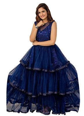 Navy-Blue Embroidered Net Long-Kurtis 1
