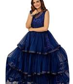 Navy-Blue Embroidered Net Long-Kurtis