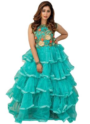 Sea-Green Embroidered Net Long-Kurtis 1