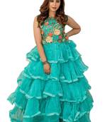 Sea-Green Embroidered Net Long-Kurtis