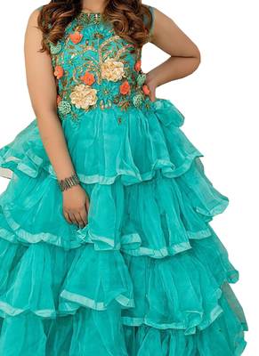 Sea-Green Embroidered Net Long-Kurtis 2