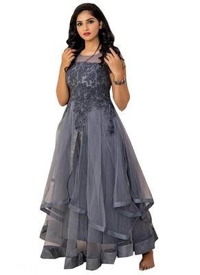 Grey Embroidered Net Long-Kurtis 1