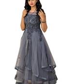 Grey Embroidered Net Long-Kurtis