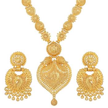 Gold Alloy Yellow Gold plated Long Necklace Set with Earrings 3