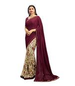 Maroon printed georgette saree with blouse