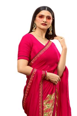 Pink printed georgette saree with blouse 2