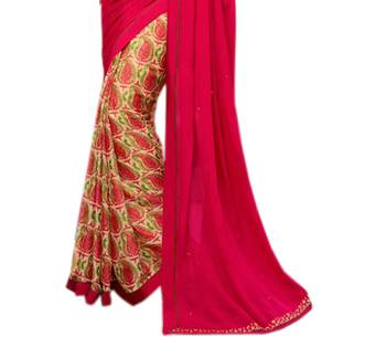 Pink printed georgette saree with blouse 3