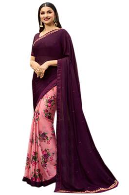 Purple printed georgette saree with blouse 1