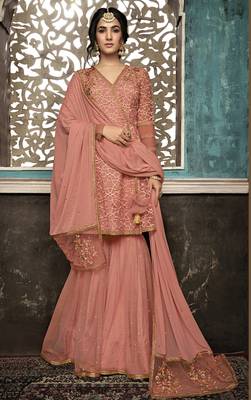 Dark-coral embroidered net salwar 1