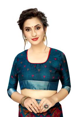Blue printed linen saree with blouse 2