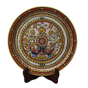 Vibrant Floral Decorative Marble Plate with Wooden Stand 1